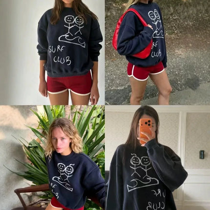 Navy Blue Cartoon Stick Figure Print Crew Neck Sweatshirt Women Loose Long Sleeve Vintage Streetwear Casual Pullover Tops Women