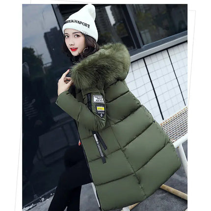 Women Winter Fur Collar Hooded Parka Coats Fashion Letter Patch Zipper Long Jacket Elegant Slim Warm Thick Female Snow Outerwear