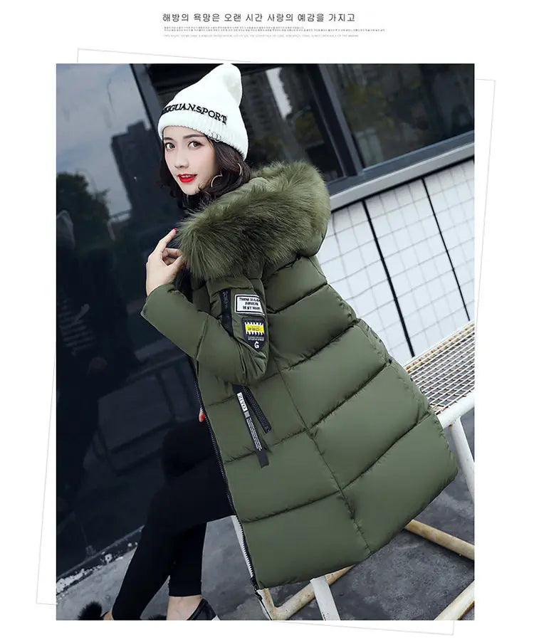 Women Winter Fur Collar Hooded Parka Coats Fashion Letter Patch Zipper Long Jacket Elegant Slim Warm Thick Female Snow Outerwear