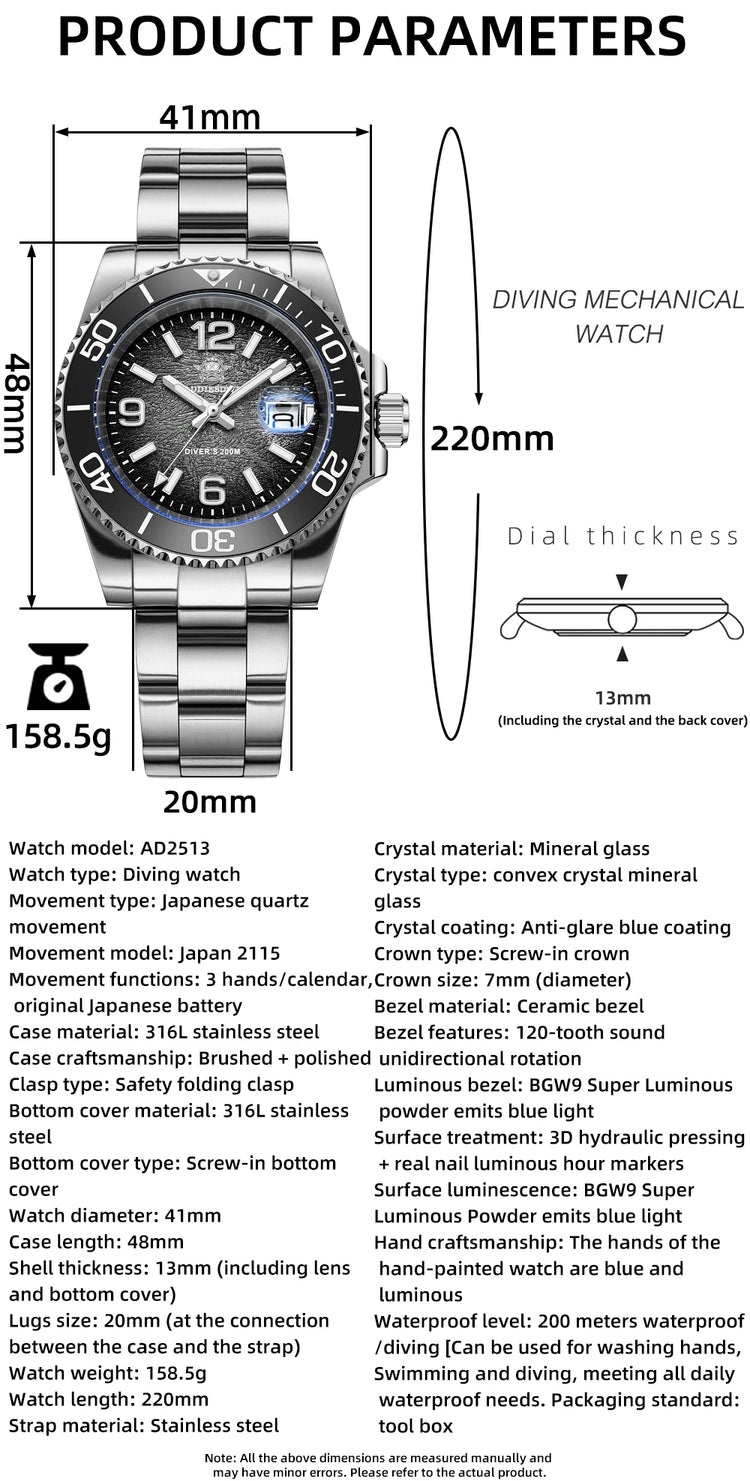 ADDIESDIVE 2025 New Men's Watch Diving 41mm Quartz Wristwatch 200m Waterproof Ceramic Bezel Super Luminous Swim Watch