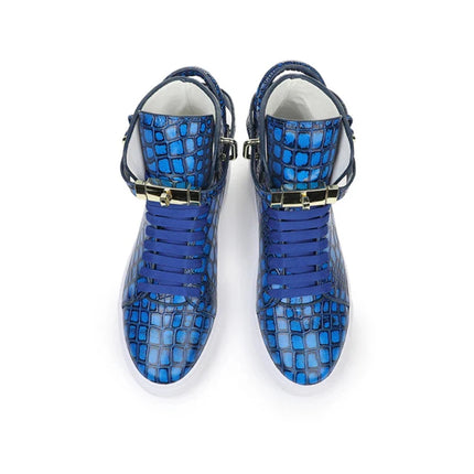 Luxury Designer Men Crocodile Pattern High Top Sneakers Glossy Patent Leather Gold Buckle Lace-up Casual Street Shoes Footwear