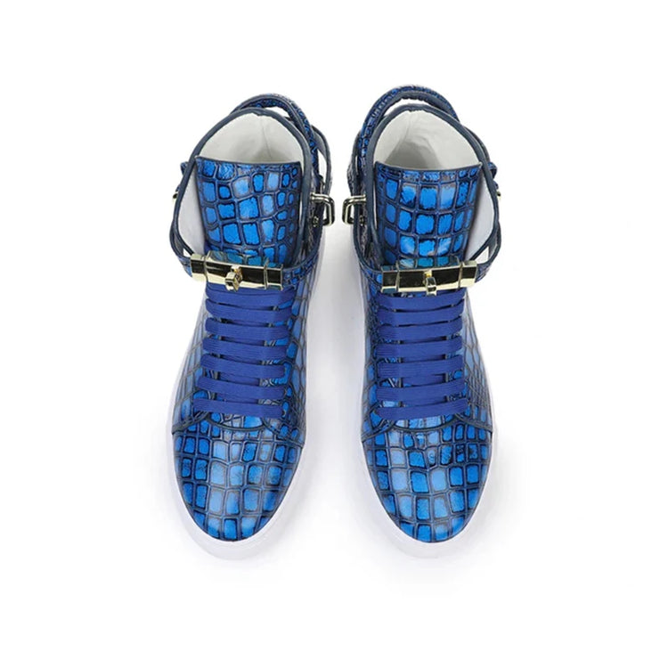 Luxury Designer Men Crocodile Pattern High Top Sneakers Glossy Patent Leather Gold Buckle Lace-up Casual Street Shoes Footwear