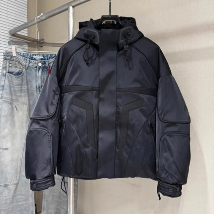 Winter Spliced Black Men Hooded Down Coat American Style Motorcycle Puffer Jacket Loose Fit Zip Waterproof Jackets Casual Coats