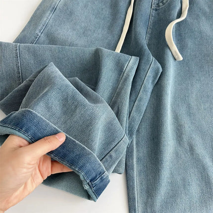 Jeans lavati curvi di seta pantaloni estivi in Denim a gamba larga larghi a vita alta da donna