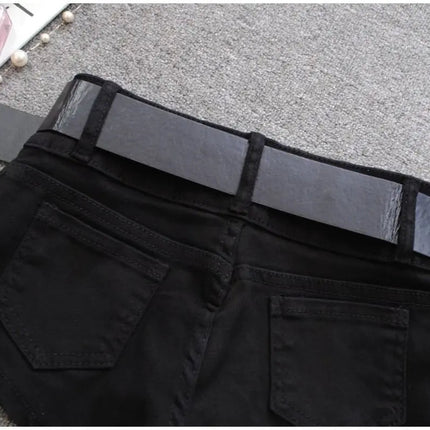 Korean Low Rise Denim Shorts 2024 - Riveted Lace Up Bodycon Black Hot Pants Vintage Cheeky Booty Summer TikTok Y2K Outfit PlatiNum