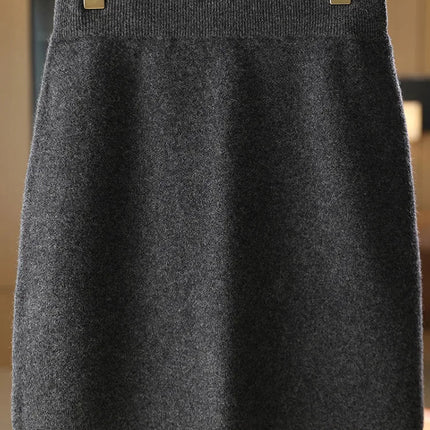 Autumn Winter Women Wool Skirt Elastic Waist Mini Slim Fit Cashmere Skirts 100% Merino Wool Knitted Office Lady Above Knee Dress PlatiNum