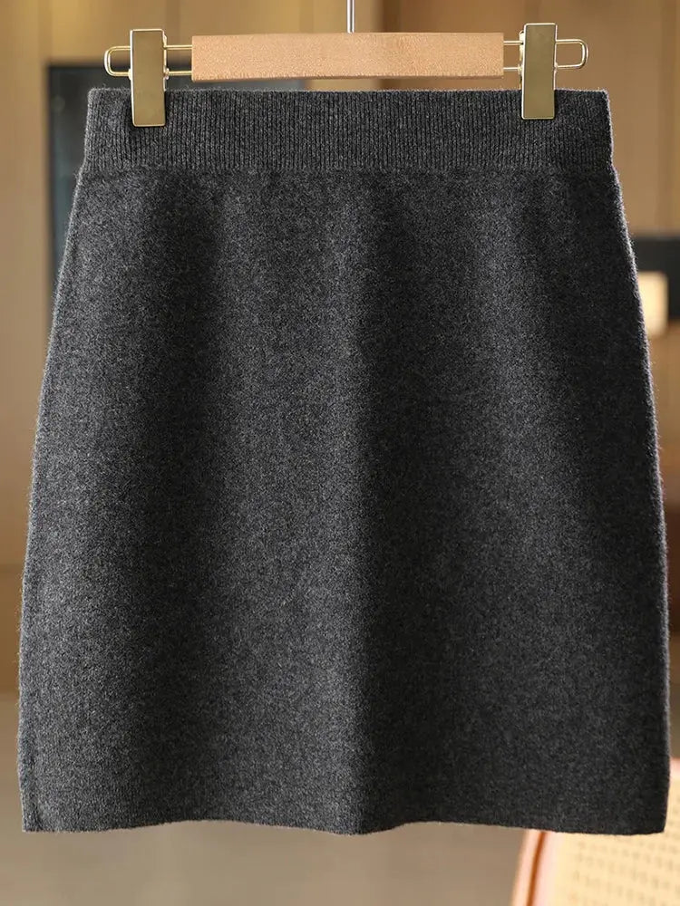 Autumn Winter Women Wool Skirt Elastic Waist Mini Slim Fit Cashmere Skirts 100% Merino Wool Knitted Office Lady Above Knee Dress PlatiNum