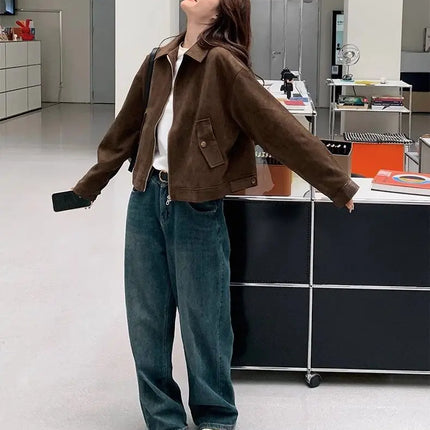Retro Style Women's Short Suede Jacket Coffee Color Korean Style Autumn Coat Zipper Pocket Polyester Fiber Windproof