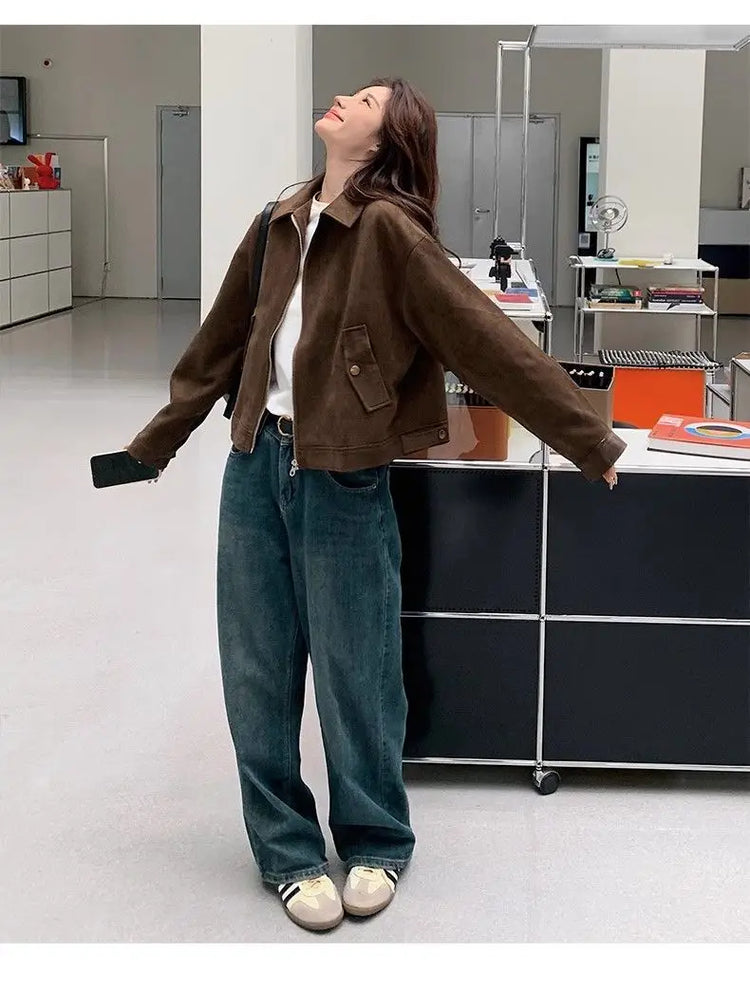 Retro Style Women's Short Suede Jacket Coffee Color Korean Style Autumn Coat Zipper Pocket Polyester Fiber Windproof
