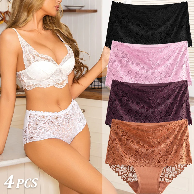 4PCS/SET Women's Sexy Lace Panty Hollow Out High Waist Women's Briefs Breathable Comfortable Underwear Plus Size Women Lingerie
