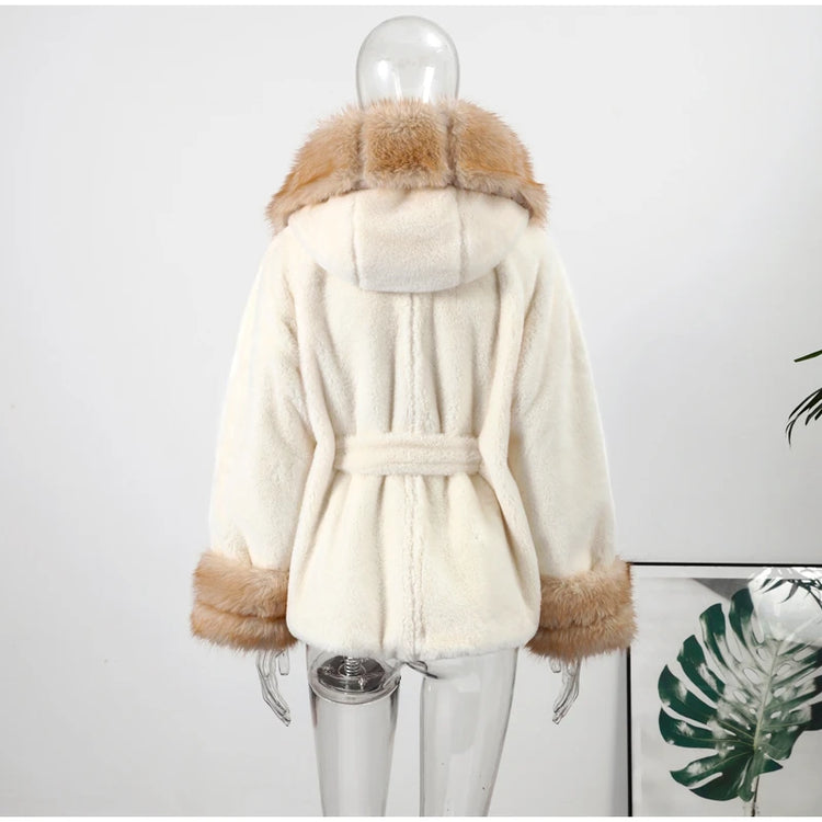 Cotton Lined Furry Fur Collar Belts Jacket Women Fashion Long Sleeve Thicken Warm Female Coat 2025 Winter Street Casual Outwear