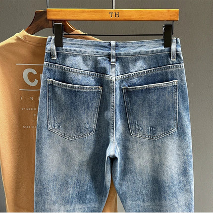 Ripped Jeans Men New Personality Fashion Vintage Blue Streetwear Baggy Denim Pants Casual Tapered Hole Frayed Trousers Male PlatiNum