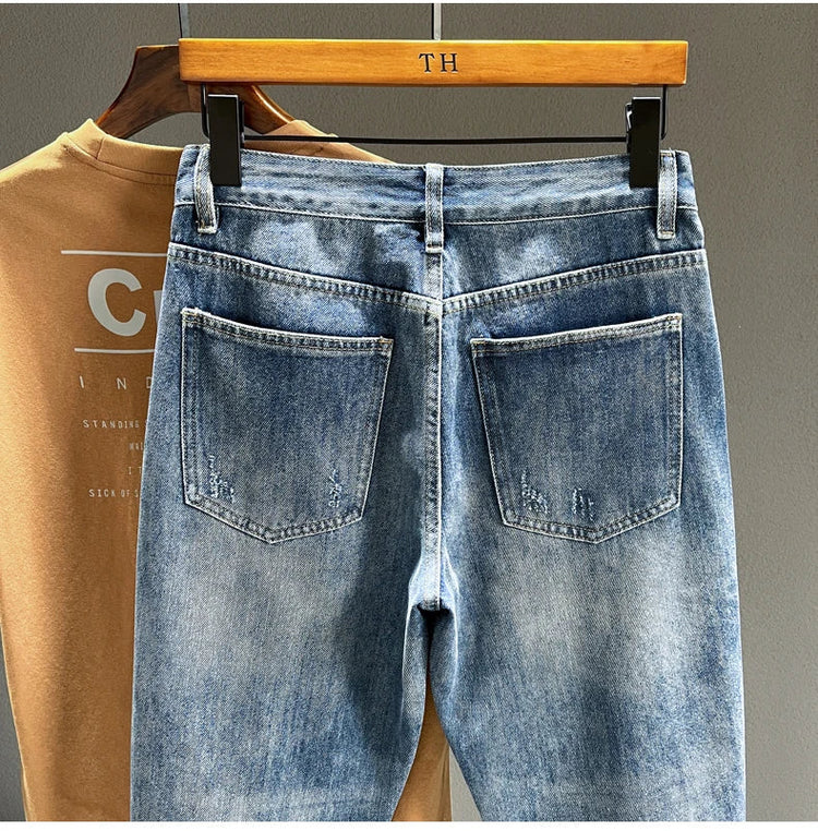 Ripped Jeans Men New Personality Fashion Vintage Blue Streetwear Baggy Denim Pants Casual Tapered Hole Frayed Trousers Male PlatiNum