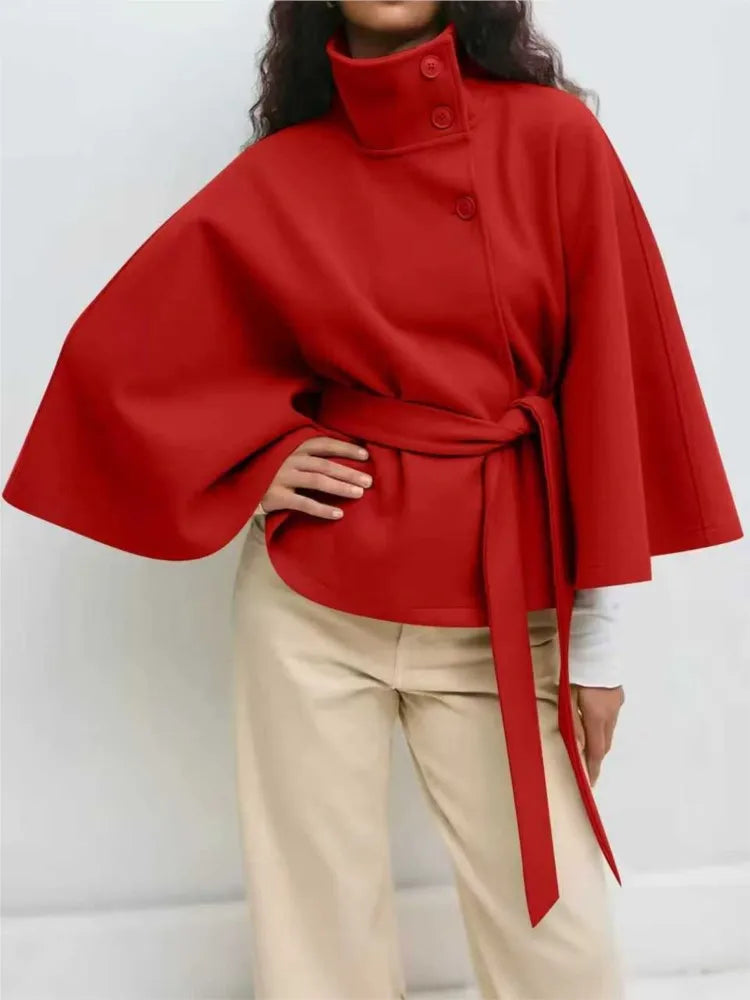 Autumn And Winter New Fashion Solid Color Cloak Stand-up Collar Button Belt Windbreaker Jacket Women's Temperament Commuting Top