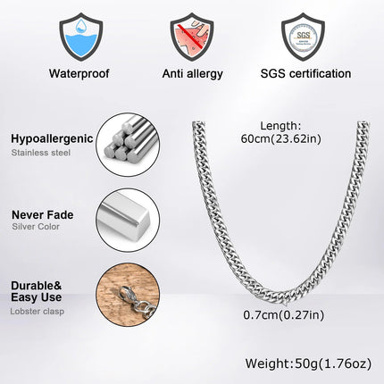 Chunky Miami Cuban Chain Necklaces for Men Women,Silver Color Stainless Steel Metal Chain Collar,Basic Classic Jewelry Gift PlatiNum