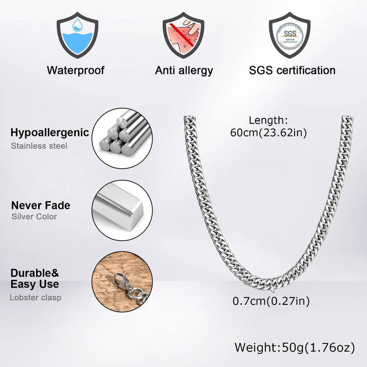 Chunky Miami Cuban Chain Necklaces for Men Women,Silver Color Stainless Steel Metal Chain Collar,Basic Classic Jewelry Gift PlatiNum