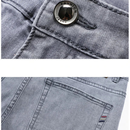 Summer Thin Men's Elastic Cotton Jeans Fashion Gray Comfortable Business Straight Casual Pants Brand Male Clothes Trousers PlatiNum