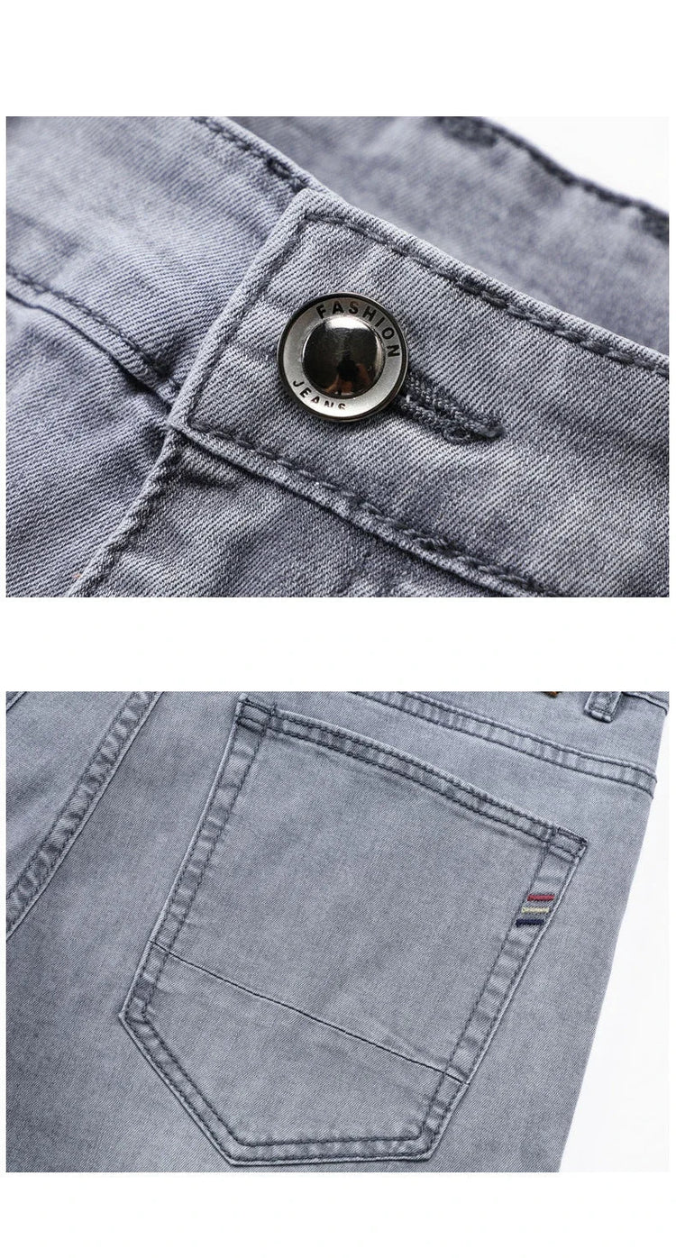Summer Thin Men's Elastic Cotton Jeans Fashion Gray Comfortable Business Straight Casual Pants Brand Male Clothes Trousers PlatiNum