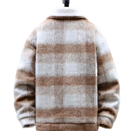 Retro Men's Woolen Coat Winter Add Velvet Keep Warm Jackets Classic Plaid Print Loose Casual Trench Blends Jacket Men Clothing
