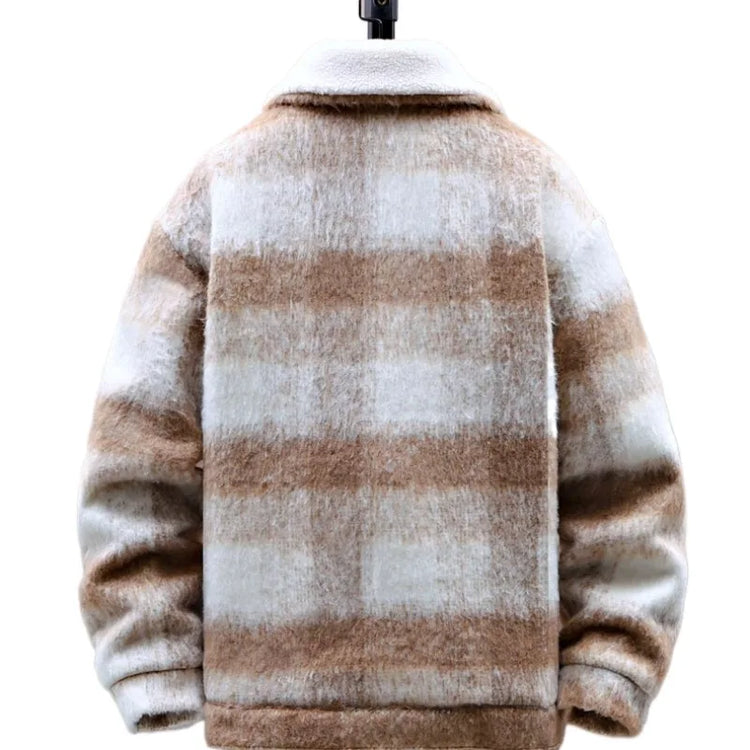 Retro Men's Woolen Coat Winter Add Velvet Keep Warm Jackets Classic Plaid Print Loose Casual Trench Blends Jacket Men Clothing