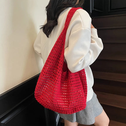 Crochet Crossbody Bag Hollow Beach Leisure Handbag Solid Color Summer Holiday Woven Shoulder Bag
