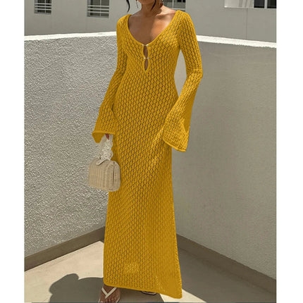 Nuovo stile lavorato a maglia scava fuori scollo a V abito a maniche lunghe da donna vacanza al mare bikini senza schienale copricostume protezione solare abito lungo platinumshop