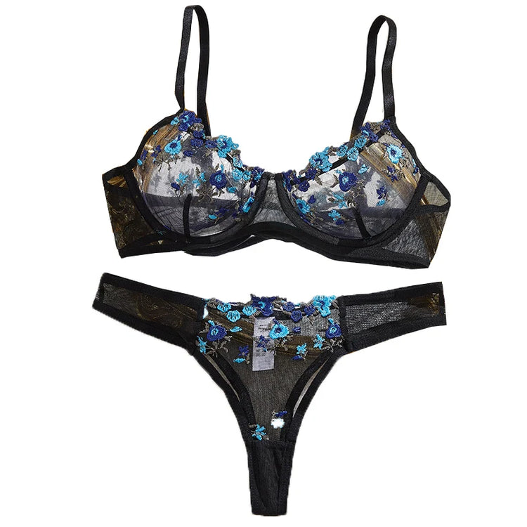 Embroidery Women's Transparent Mesh Underwear Two-piece Bra And Panties Sets