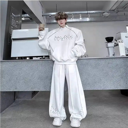 LUZHEN Fashion Street Two-piece Sets Men's Zipper Shoulder Design Long Sleeve Sweatshirt 2025 Autumn Loose Wide Leg Pants JY3912 PlatiNum