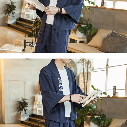 Set da due pezzi (camicia + pantaloni) camicia da uomo in cotone di lino con ricamo stile giapponese pantaloni larghi casual da uomo pantaloni Tai Chi Kungfu retrò