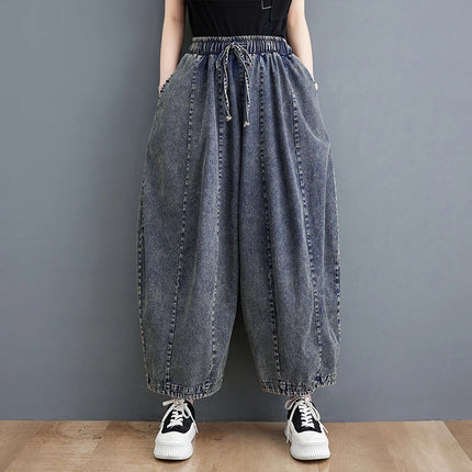 508 primavera estate nuovi Jeans larghi 100kg per le donne coulisse semplice tinta unita nero Vintage cotone femminile lanterna pantaloni in Denim