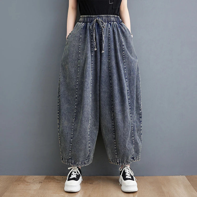508 primavera estate nuovi Jeans larghi 100kg per le donne coulisse semplice tinta unita nero Vintag