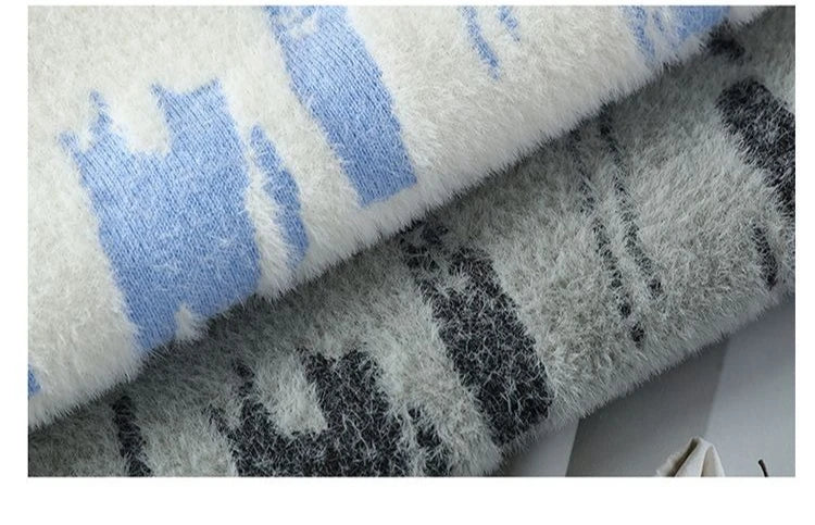 Winter Men's Thickened Fleece Sweater Irregular Jacquard Pattern Casual Round Neck Pullover Tops Striped Soft Knitted Sweaters