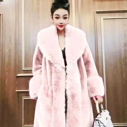 Faux Fur Coats Women Long Coat Thick Warm Turn Down Collar Open Stitch Spring Outerwear Jackets Elegant Splice Autumn Winter