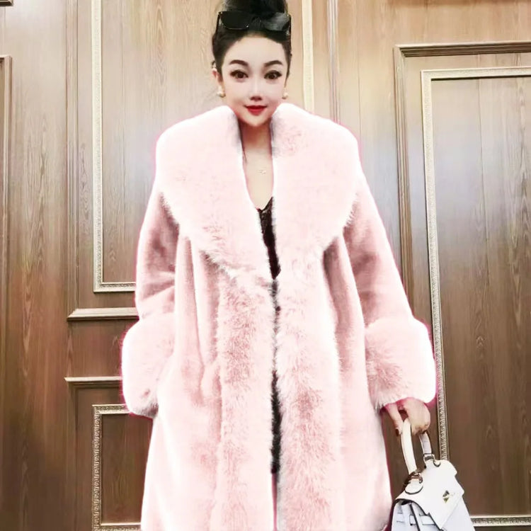 Faux Fur Coats Women Long Coat Thick Warm Turn Down Collar Open Stitch Spring Outerwear Jackets Elegant Splice Autumn Winter