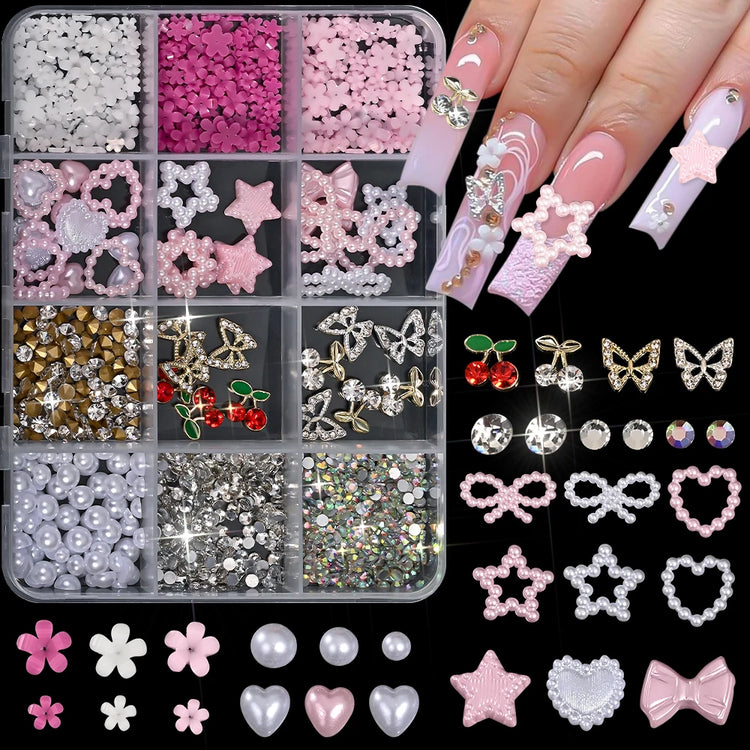 12Grids/Box Mixed Resin Bowknot Nail Charms 3D Colorful Bow Kawaii Rhinestone Nail Art Decorations DIY Manicure Parts Pen Tweeze