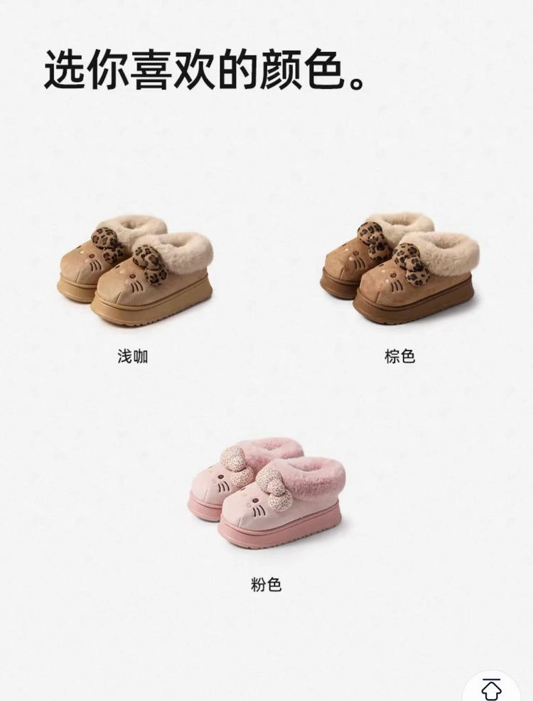 Sanrio Hello Kitty Winter Fleece Lined EVA Thick Mule Slippers Snowy Day Anti-Slip Warm Fleece Outdoor Slippers Women Snow Boots