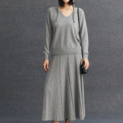TLOML Luxury Women's 100% Cashmere Skirt Pleated Mid-Calf Skirt Autumn Winter Office Lady Grace Style Skirt Cashmere Knitwear PlatiNum
