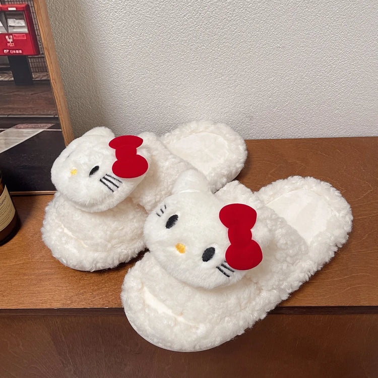 Sanrio Hello Kitty Women's 3D Cartoon Fluffy Teddy Fleece Open Toe Slippers Soft Non-Slip Sole Comfy Indoor Bedroom House Slides
