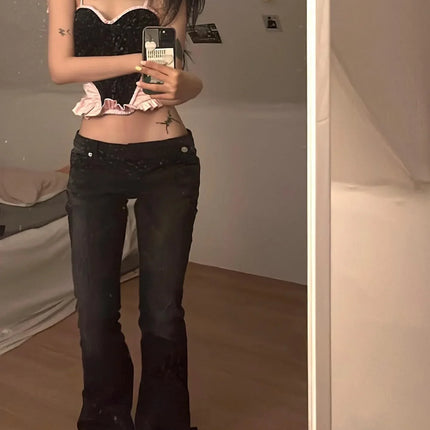 Karrram Vintage Distressed Low Waist Jeans Grunge Asymmetrical Waist Denim Pant Korean Fashion Black Flare Jeans Kpop Streetwear