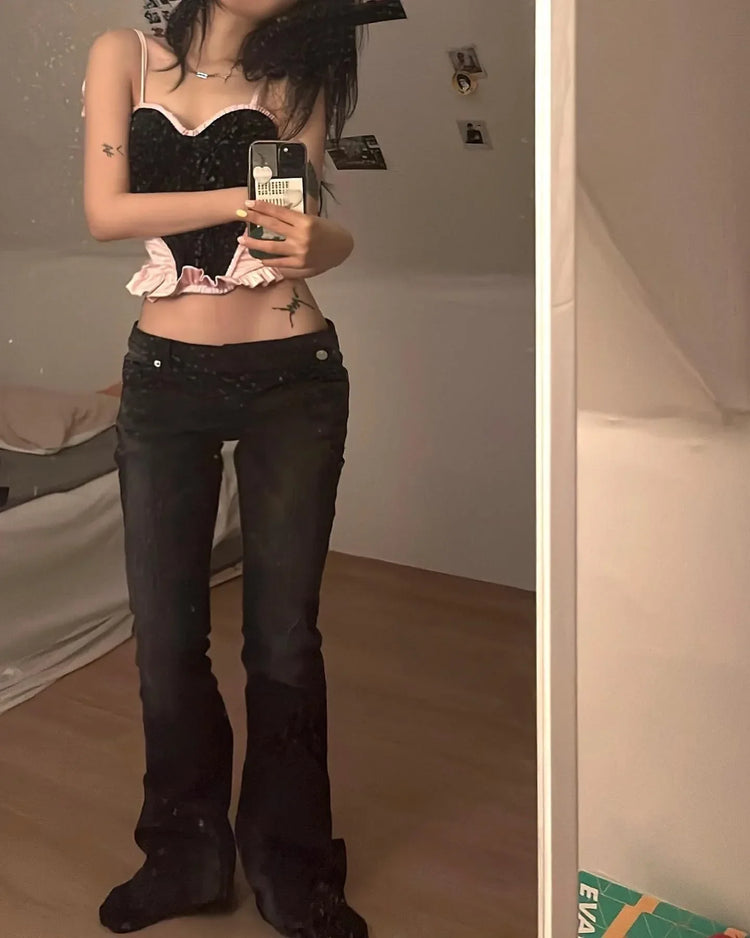 Karrram Vintage Distressed Low Waist Jeans Grunge Asymmetrical Waist Denim Pant Korean Fashion Black Flare Jeans Kpop Streetwear