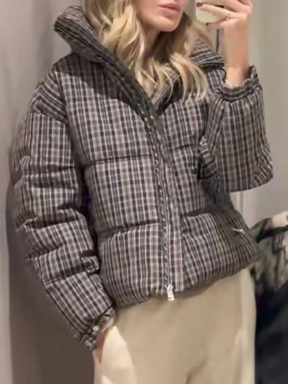 New in Winter High Neck Long Sleeves Zippered Coats for Women Brown Plaid Puffer Anorak with Adjustable Hem Comfy Padded Jackets