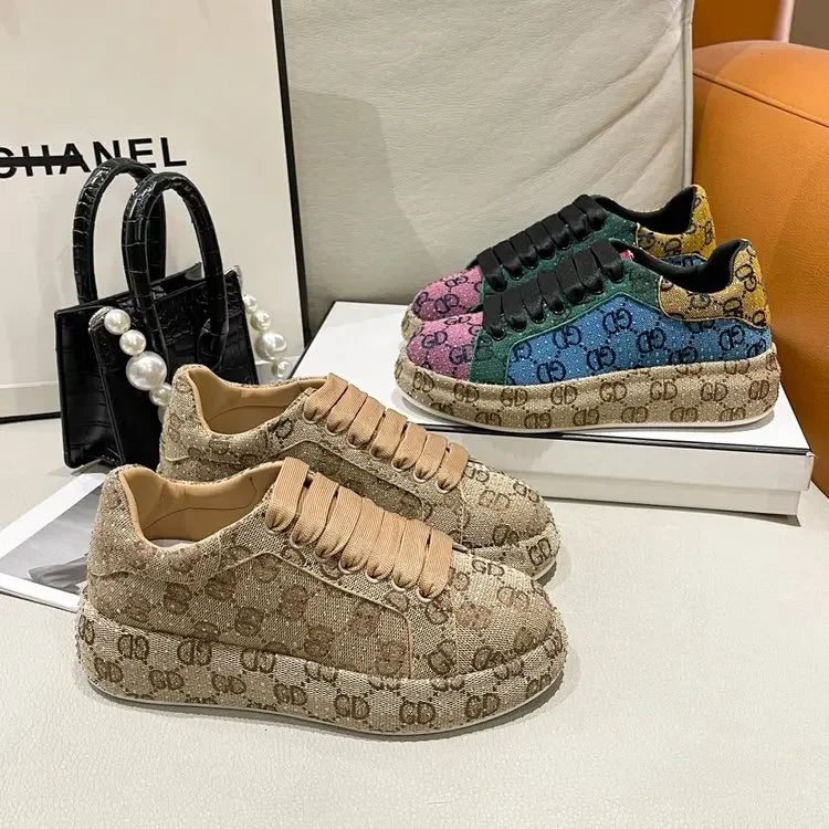 Spring 2025 New Khaki Crystal Women's Sneakers Fashion Versatile Casual Ladies Party Shiny Female Shoes