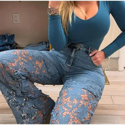 Jeans a Vita Alta e Gamba Larga, Pantaloni Estivi alla Moda con Inserti in Pizzo, Jeans in Denim Traforato e Drappeggiato, Jeans da Donna in Cotone con Cerniera per Primavera