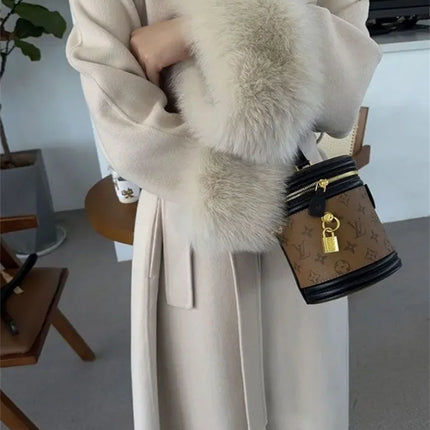 2025 New Spring Winter Warm Long Woolen Coat Women Elegant Warm Wool Blend Trench Coat With Belt Fashion Outerwear