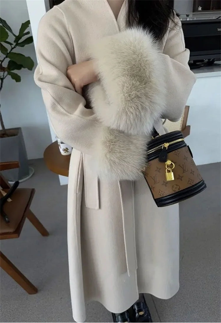 2025 New Spring Winter Warm Long Woolen Coat Women Elegant Warm Wool Blend Trench Coat With Belt Fashion Outerwear