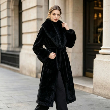 Women's Winter Trench Coat with Large Lapels, Faux Fox Fur Long Coat, Over-the-Knee Jacket