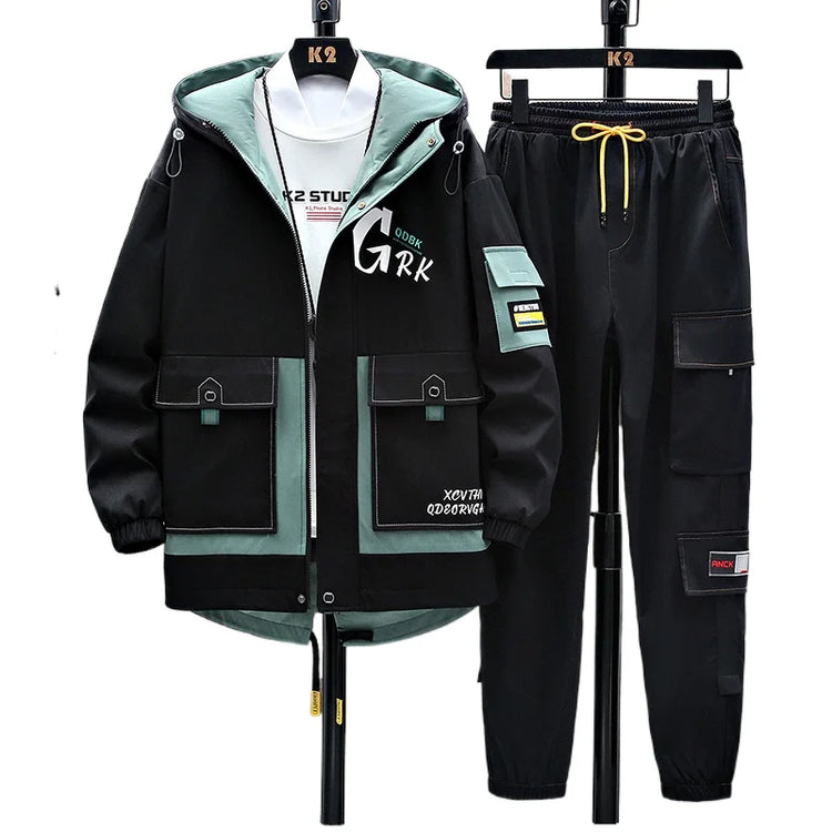 Spring Casual Men Sets Two Pieces Fashion Korean Trend Hooded Jacket + Pants Autumn Baseball Uniform Suit Man Outfit