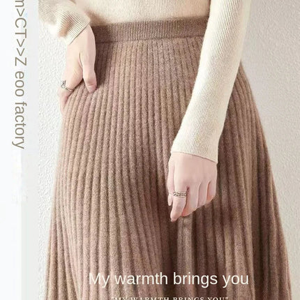 100% Merino Wool Mini Skirt Korean Women's AutumnWinter Fashionable Solid Color Elastic Waist Knitted Pleated Skirt PlatiNum