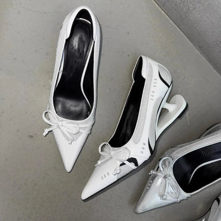 Special Heel Spliced Heels Pointed Toe Heels Women's Fashion Shallow Mouth Bow Non-Slip Mary Jane Single Shoes PlatiNum