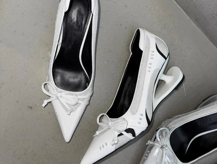 Special Heel Spliced Heels Pointed Toe Heels Women's Fashion Shallow Mouth Bow Non-Slip Mary Jane Single Shoes PlatiNum